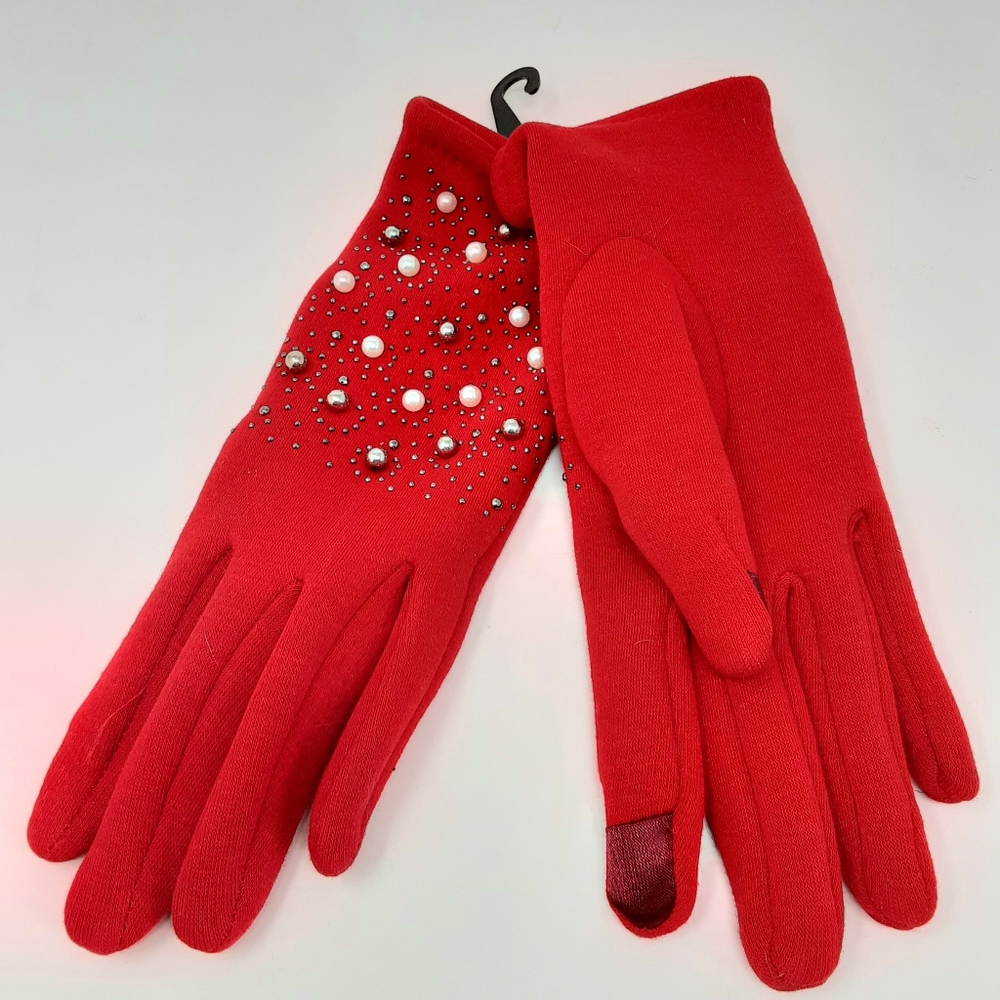 Red Pearl & Rhinestones Gloves - Picture 3 of 5